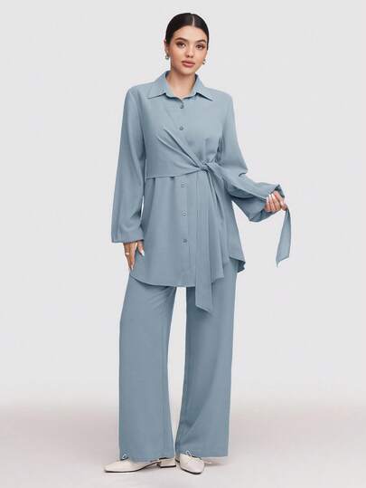 Veilorie Conservative Casual Shirt And Pants Suit For Women Modest