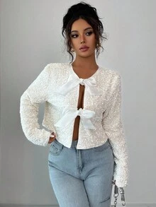 Siren Gaze 2-In-1 Reversible Sequin Jacket, Autumn/Winter New Arrival Tie Front Top Casual Spring - Beige - View 3