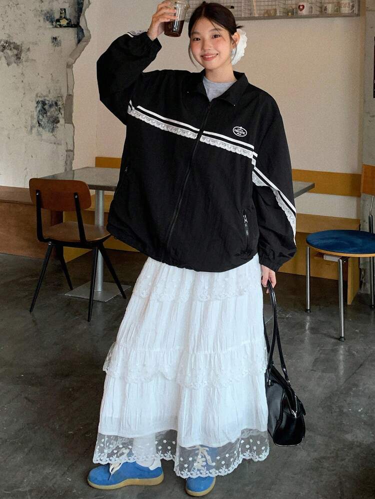 Women's Letter Print Loose Stand Collar Lace Ribbon Patchwork Casual Long Sleeve Jacket