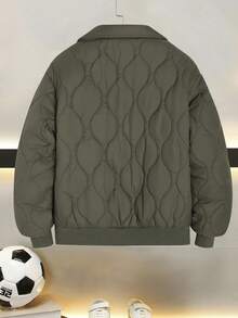 SHEIN Teen Boys' Basic Puffer Padded  Bomber Jacket Casual Comfortable Versatile Diamond Plaid Thick Winter Coat Fall Autumn And Winter Casual College Style, Comfortable & Fashionable, Versatile For Daily Wear, Back To School, Outings, Outdoor Activities Wear - Green - View 4