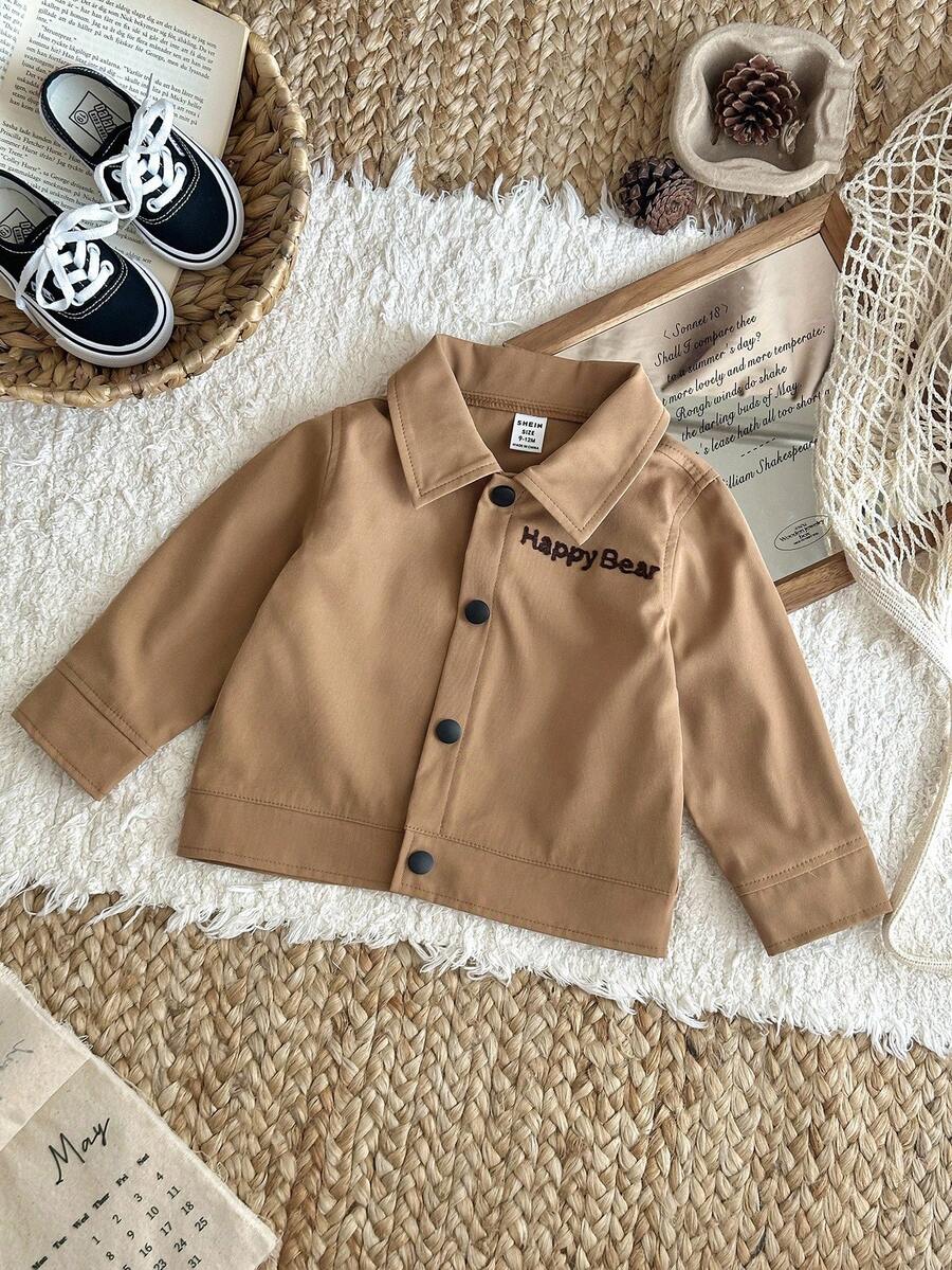SHEIN Chaqueta/abrigo versátil y lindo con bordado de oso para bebé niño/niño pequeño de 0 a 3 años en otoño/invierno, color caqui - Caqui - Ver 1