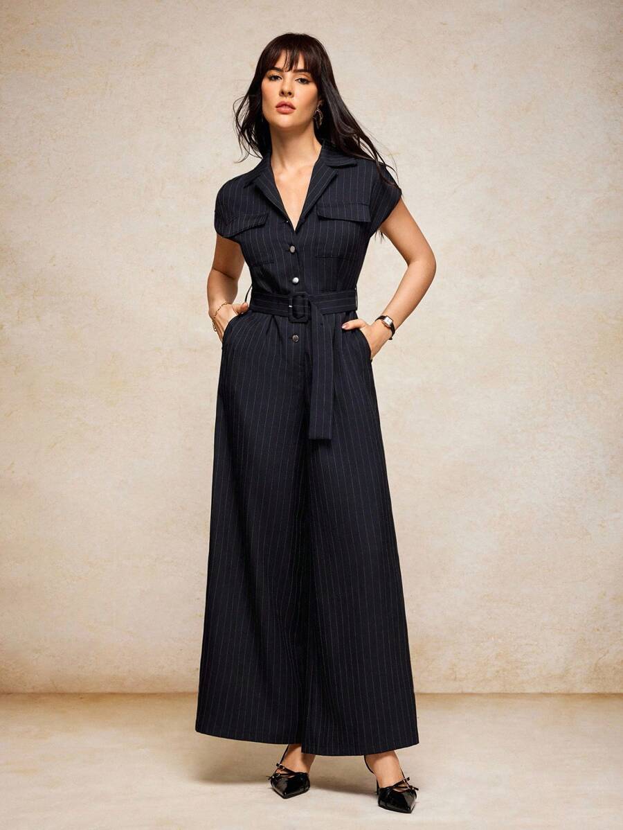 House of One Áo liền quần tay ngắn cổ bẻ có túi phía trước, thắt lưng có thể điều chỉnh, ống rộng, quần áo mùa thu, trang phục công sở chuyên nghiệp dành cho phụ nữ, trang phục công sở thường ngày dành cho phụ nữ