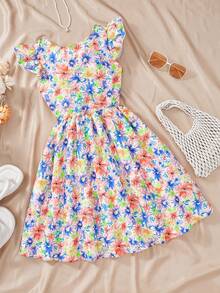 SHEIN Vestido con diseño de lazo sin espalda, mangas de casquillo y cintura ceñida con estampado floral para niñas preadolescentes - Naranja - Ver 2