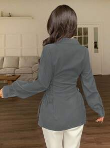 Modelyn 时尚休闲纯色交叉系腰衬衫 - 灰色 - 查看 3