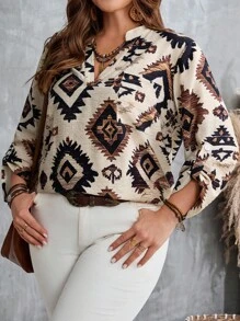 EMERY ROSE Plus Size Women's Geometric Pattern V-Neck Long Sleeve Loose Blouse,Beige Boho Autumn Tops,Fall Clothes For Women,Spring/Summer/Vacation - Apricot - View 5