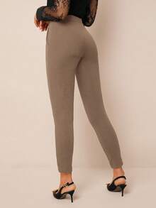 Amorya Women's High Waist Metallic Buckle Detail Skinny Pants Stretchy Pants - Camel - View 2
