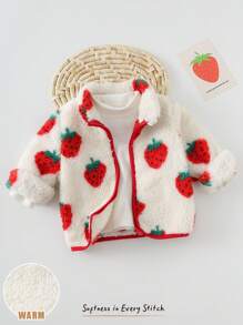 Baby Girl Strawberry Pattern Thermal Lined Thick Long Sleeve Jacket Strawberry Baby Jacket Baby Girl Strawberry Jacket Baby Fleece Jacket Strawberry Print Strawberry Baby Clothes,In Fall/Winter - Red - View 5