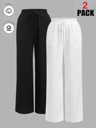 SHEIN Essnce 2pcs Women's Casual Minimalist Versatile Comfortable Drawstring Straight Leg Pants, Suitable For Back To School, Airport, Street Wear Fall Clothes Winter Clothes