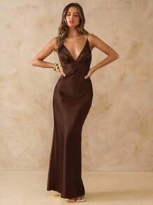 SHEIN BAE 春夏纯色性感深V领露背缎面长裙，黄色，适合度假、派对、生日、早午餐、婚礼嘉宾、伴娘、优雅礼服 - 咖啡棕 - 查看 6