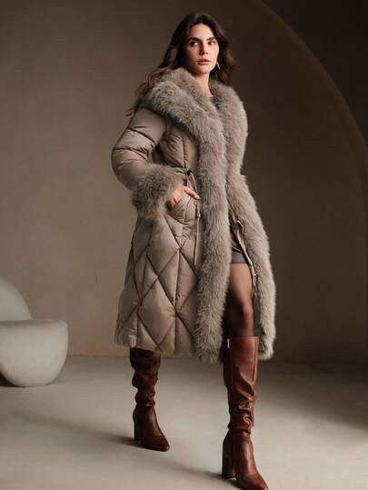 Anewsta Abrigo largo y grueso para mujer con cintura ceñida y cuello desmontable de piel sintética, adecuado para otoño, invierno, salidas, elegante, formal, fiesta, chic, Año Nuevo, abrigo de invierno para mujer, Navidad, trabajo, graduación, boda