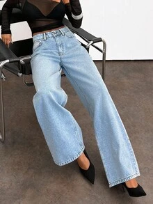 EURMUSE HIGH WAIST STRAIGHT CASUAL STYLE DENIM Wide Leg Jeans Baggy Jeans Loose Jeans Oversized Jeans Y2k Jeans - Medium Wash - View 4
