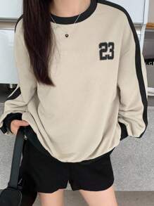 SHEIN 少女超大圆领运动衫，麻灰色，宽松版型，学院风运动休闲运动衫，数字印花，长袖简约运动上衣，适合返校季穿着，超大码