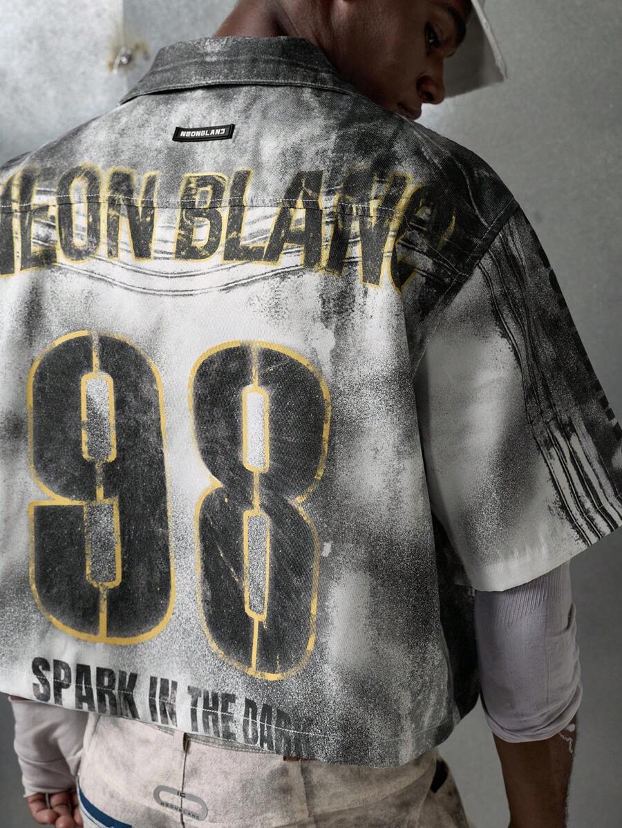 NEON BLANC 男士翻领短袖数码字母印花衬衫 - 黑與白 - 查看 1