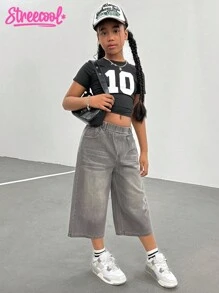 Girls' Cropped Knit Numeric Print Short Sleeve Top, Distressed Wash Wide Leg 5/7 Pants Jeans, Street Fashion Y2K Sporty Campus Style Set - Multicolor - View 6