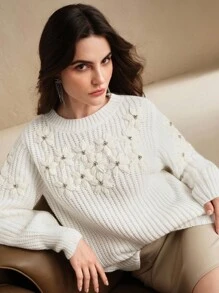 Anewsta New Autumn/Winter Solid Color Knitted Sweater, Handmade Fashion 3D Crochet Design Loose Long Sleeve Pullover For Women - White - View 7