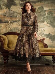 Anewsta 优雅女士长袖豹纹雪纺撞色蕾丝连衣裙，秋冬 - 彩色 - 查看 4