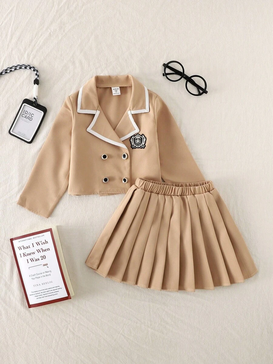 SHEIN Explorewe 2 件套女童领上衣 + 百褶腰裙套装，2025 年开学季年轻女孩学院风运动装 - 卡其色 - 查看 1