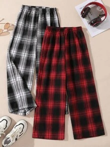 Sparklyn 2 件套青少年女孩休闲百搭格子宽松阔腿裤，适合上学、日常穿着、居家秋冬 - 彩色 - 查看 4