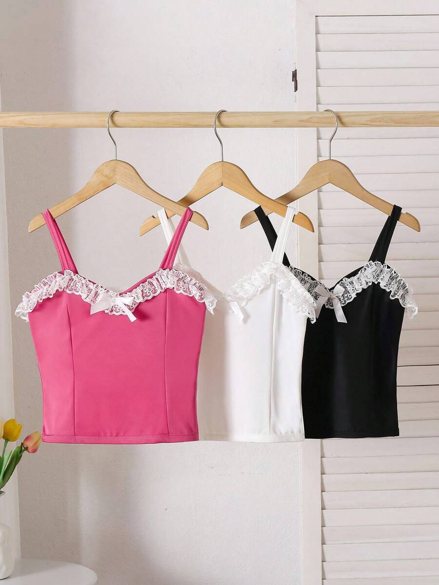 Set de 3 camisetas sin mangas ajustadas con encaje, volantes y lazo, estilo casual para niñas, en colores negro/blanco/rojo rosa, para primavera/verano - Multicolor - Ver 1