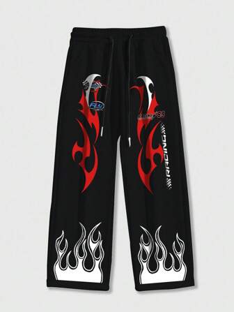 Street Life Men's Loose Comfortable Sports Straight Leg Sweatpants With Flame Pattern