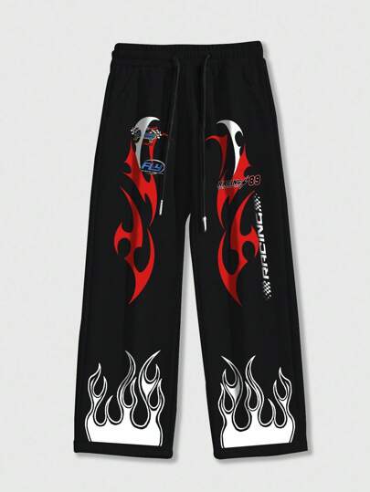 Street Life Men's Loose Comfortable Sports Straight Leg Sweatpants With Flame Pattern