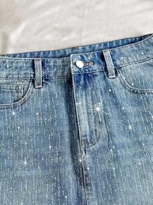 Comfortcana Váy ngắn denim đính đá lấp lánh thời trang dành cho nữ, mùa hè - Rửa tối - Xem 3