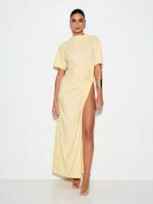 KIZN 迷人晚礼服及地长垂坠设计高开衩侧结细节半袖正式婚礼宾客特殊场合夏季优雅 - 黃色 - 查看 1