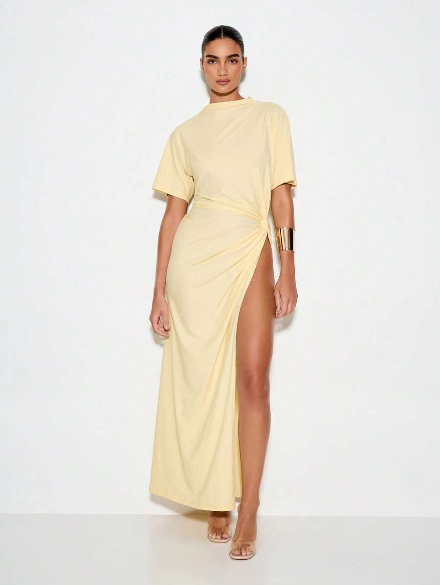 KIZN 迷人晚礼服及地长垂坠设计高开衩侧结细节半袖正式婚礼宾客特殊场合夏季优雅 - 黃色 - 查看 1