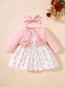 SHEIN Newly Born Baby Girl Pink Long Sleeved Patchwork Floral Bow Dress With Elegant, Sweet And Cute Headband, Suitable For Daily Outdoor Leisure Activities In Autumn Fall Winter