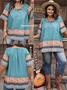 EMERY ROSE Plus Size Vacation Casual Color Block Ditsy Floral Shirt Boho Tops Plus Size Boho Blouses Boho Shirts Women Plus Size Summer Tops Fall Women Country Concert Rave Festival Western Wear Women Top - Multicolor - View 1