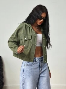 SHEIN Tall Chaqueta vaquera de manga larga con capucha, de corte holgado y casual - Verde militar - Ver 5