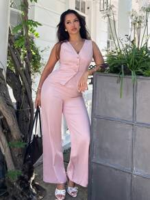 NegzBox Women's Elegant Sleeveless Suit Vest And Pants Set, Business/Commuter Style, Summer - Pink - View 1