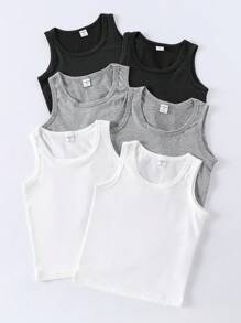 SHEIN Playful Pals 6pcs/Set Young Boy Sleeveless Top, Summer Young Boy Multi-Pack Top, Pure White Crew Neck Top, Soft And Comfortable Knit Fabric, Suitable For Daily Wear, Sports, Vacation, Can Be Paired With Sports Shorts, Denim Shorts, Suitable For Casual Daily Wear, 6pcs Top Set, Suitable For School, Vacation, Holidays - Multicolor - View 3