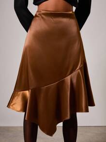 COSMINA Women's Elegant Satin Asymmetrical Skirt, Autumn/Winter - Brown - View 4