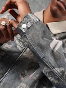 SUMWON جاكيت جينز مقصوّر بطراز فينتاج، تصميم مطبوع مهترئ لثقافة الغرانج، ملابس الشارع الحضرية بقصة مريحة، موضة كلاسيكية كاجوال للربيع والخريف، طراز رجعي