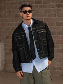 DAZY 男士短款街头风格黑色牛仔夹克，秋季 - 黑色 - 查看 3