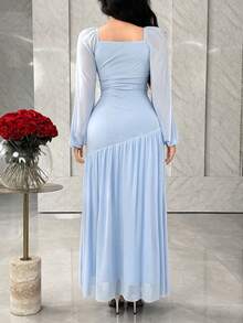 Feyla Đầm dài tay cổ vuông thắt eo thanh lịch dành cho nữ - Màu xanh lam - Xem 3