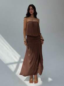 Aloruh Women's New Arrival Sleeveless Solid Color Dress, Summer Clothing, Backless Dress With Drapery Design, Long Dress With Umbrella Hem, Sheer Dress - Brown - View 5