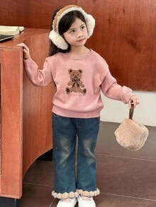 SHEIN Little Byeori Suéter de cuello redondo con estampado de oso para niña, top casual escolar, suéter de punto lindo con gráfico de oso para invierno - Multicolor - Ver 5