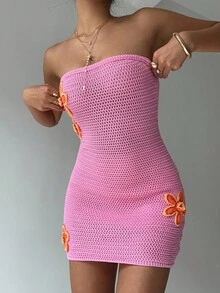 Aloruh Women's Contrast Color 3D Floral Halter Knit Dress, Suitable For Spring/Summer Vacation - Pink - View 4