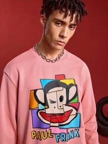 Paul Frank X SHEIN 男士休闲可爱卡通猴子印花圆领运动衫 - 粉色 - 查看 1