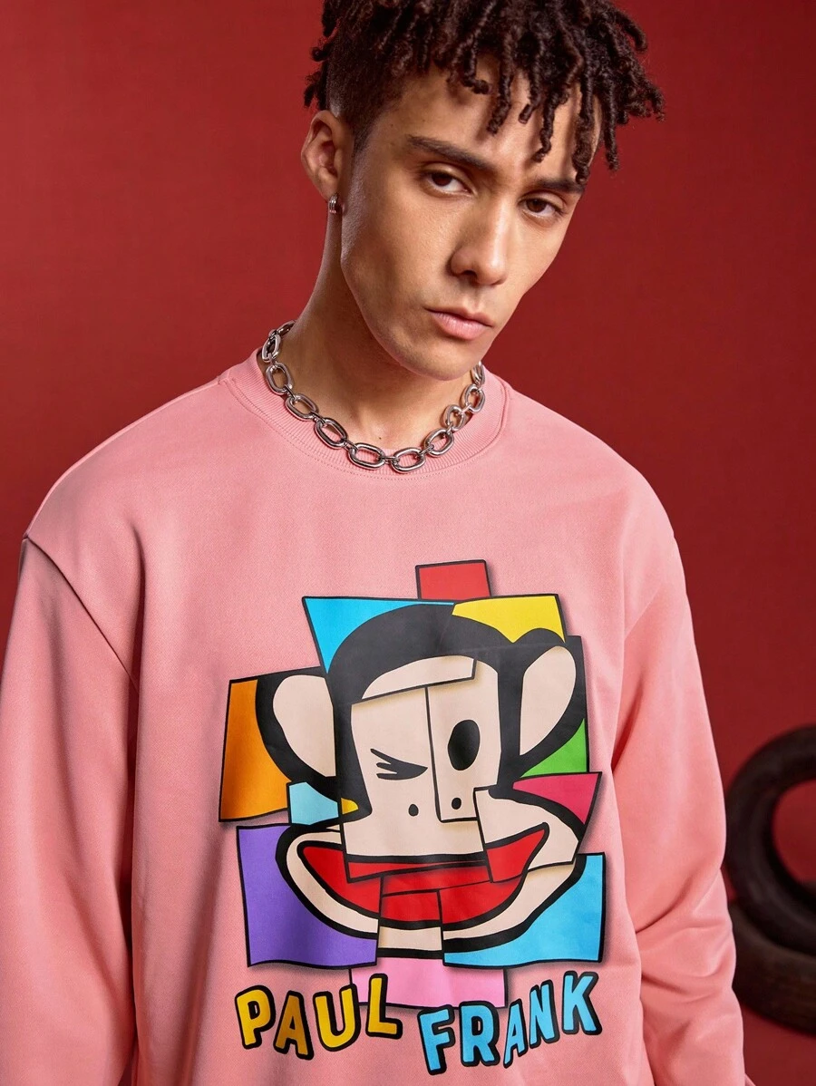 Paul Frank X SHEIN 男士休闲可爱卡通猴子印花圆领运动衫 - 粉色 - 查看 1