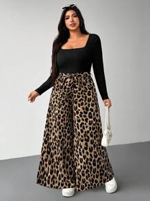 SHEIN EZwear Bộ đồ liền thân ống rộng tay dài cổ vuông màu tương phản họa tiết da báo cổ điển cỡ lớn, thu/đông - Nhiều màu - Xem 4
