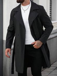 Manfinity Homme Men's Casual Versatile Solid Color Black Double-Breasted Trench Coat, Old Money , Fall - Black - View 4