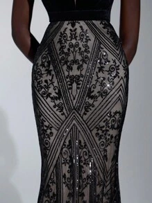 Elitara Elegant Black Sleeveless Deep V Velvet Patchwork Fine Flash Positioning Sequins Slim-Fit Fishtail Maxi Dresses Formal Evening Prom Wedding Guest Gown, For Graduation, Dinner Party Dress