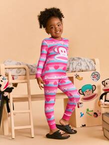 Paul Frank X SHEIN 2pcs/Set Young Girl Cartoon Pattern Crew Neck Long Sleeve Top And Pants Snug Fit Pajamas Set - Multicolor - View 4