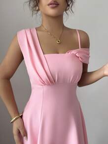Elenzga Women's New Elegant Asymmetric Asymmetrical Spaghetti Strap Slim Fit High-End Oblique Shoulder Waist Cinched Evening Party Dress - Pink - View 1