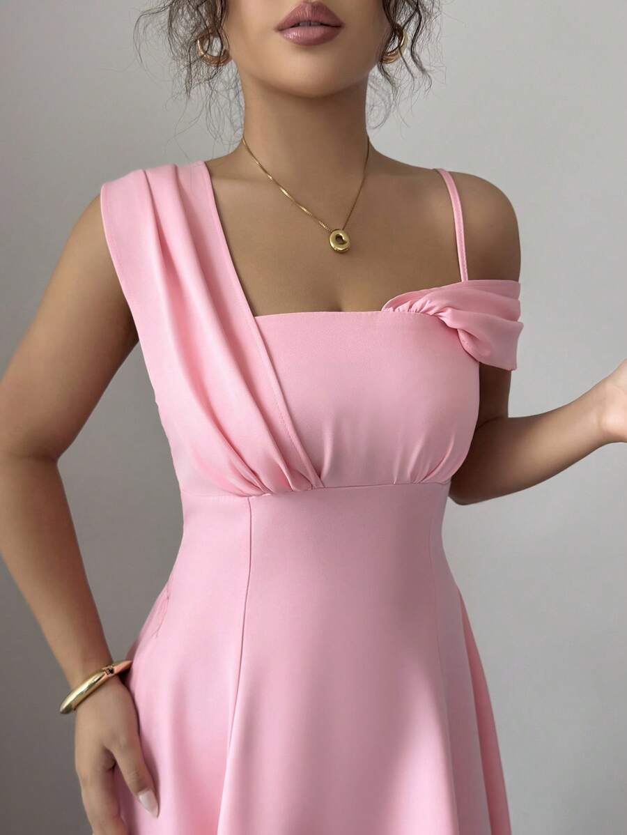 Elenzga Women's New Elegant Asymmetric Asymmetrical Spaghetti Strap Slim Fit High-End Oblique Shoulder Waist Cinched Evening Party Dress - Pink - View 1