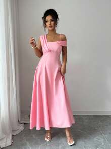 Elenzga Women's New Elegant Asymmetric Asymmetrical Spaghetti Strap Slim Fit High-End Oblique Shoulder Waist Cinched Evening Party Dress - Pink - View 5