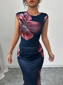 Elenzga Fashion Round Neck Sleeveless Floral Printed Elegant Dress For Women Vacation